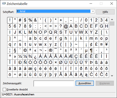 Das Programm »Zeichentabelle« unter Windows